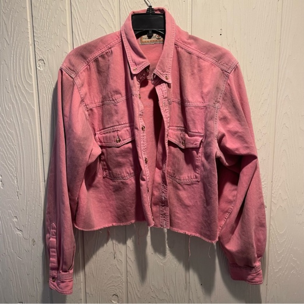 Nasty Gal Pink Distressed Crop Shirt Jacket